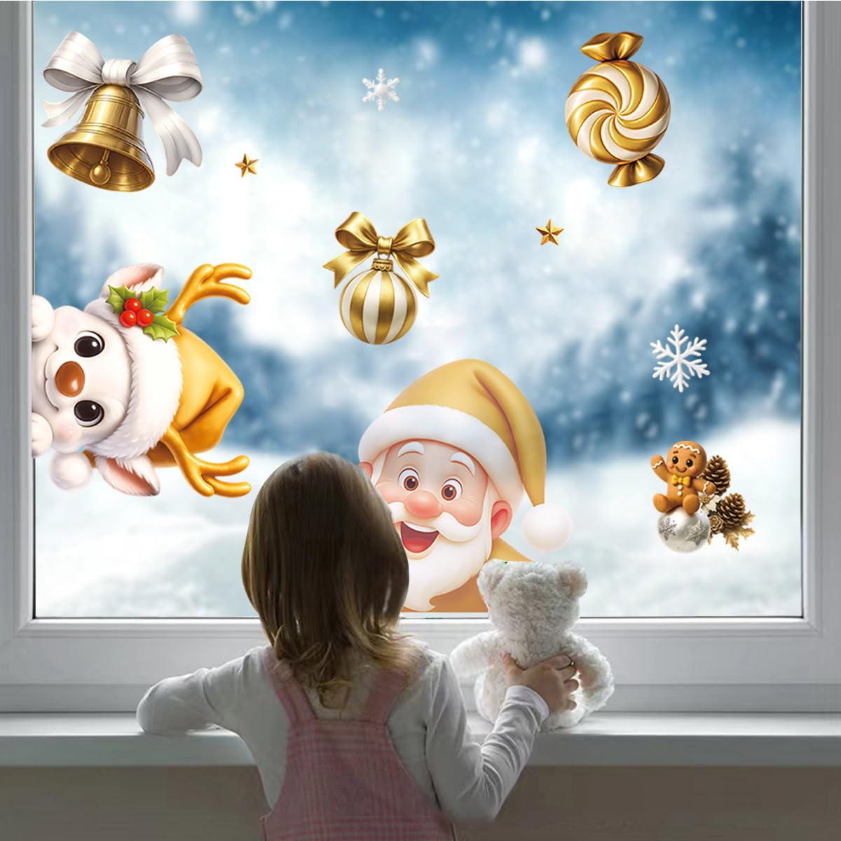 2 Bögen goldene Weihnachts-Fensteraufkleber, groß, Winter-Fensteraufkleber, Weihnachtsmann, Elch, Glocke, Süßigkeiten, Lebkuchenmann, Designs, doppelseitige Schneeflocken-Fensteraufkleber für Urlaub