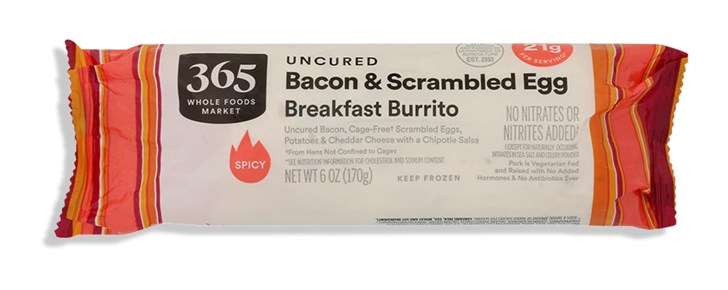 365 by Whole Foods Market Bacon Egg & Cheese Breakfast Burrito, 6oz - Clean Ingredients Frozen Breakfast