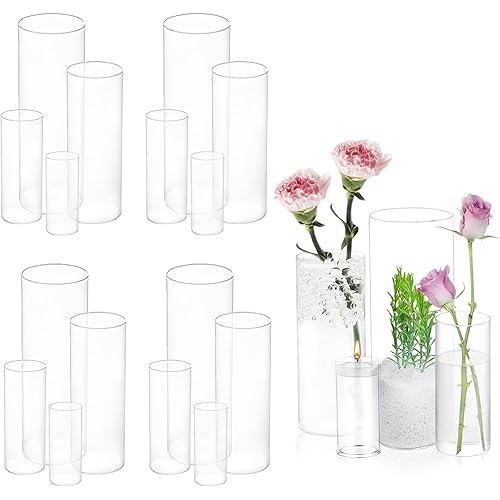 UDU 16 Pack Cylinder Glass Vases for Centerpiece 4,6,8,10 Inch Tall Clear Flower Vase Hurricane Candle Holder Floating Candle Vases for Table Centerpiece Wedding Home Decor
