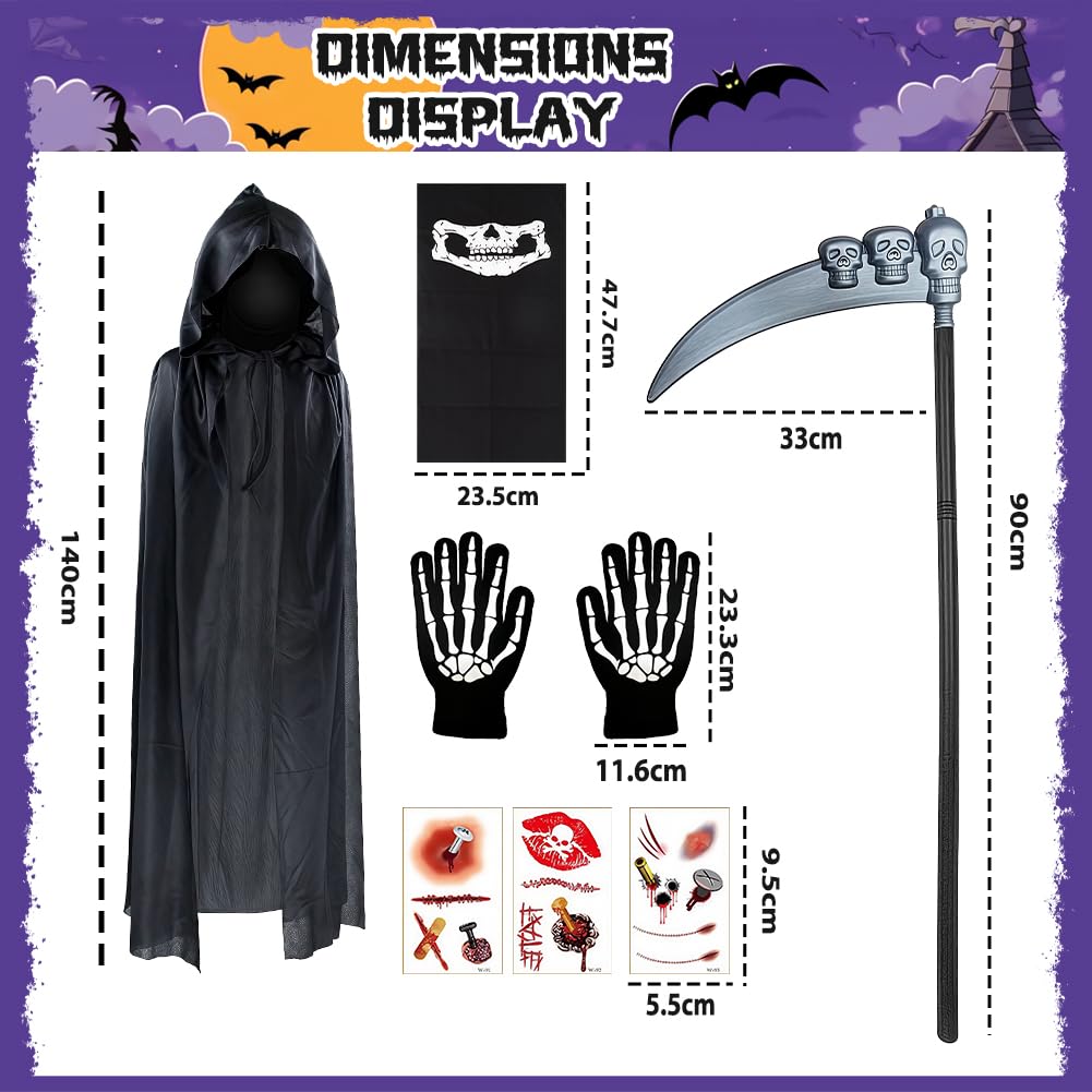 HTGWCG Grim Reaper Halloween Costume Set, 5 Pcs Skeleton Halloween Costumes Horror Robe With Scythe Prop, Gloves, Facewear - Image 2
