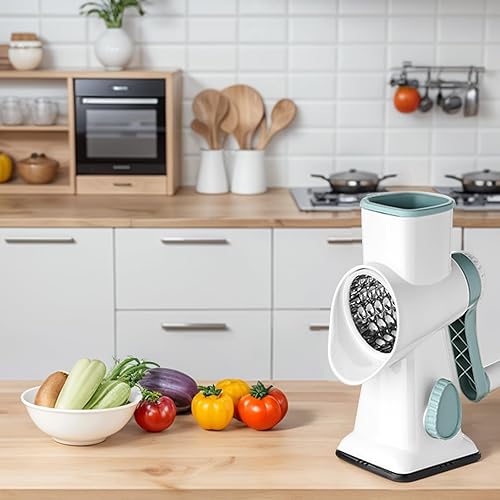 Miniatura 6 de HANSGO Rallador giratorio de queso, triturador de queso de manivela, rebanador de verduras para cocina, base de succión antideslizante y 3 cuchillas