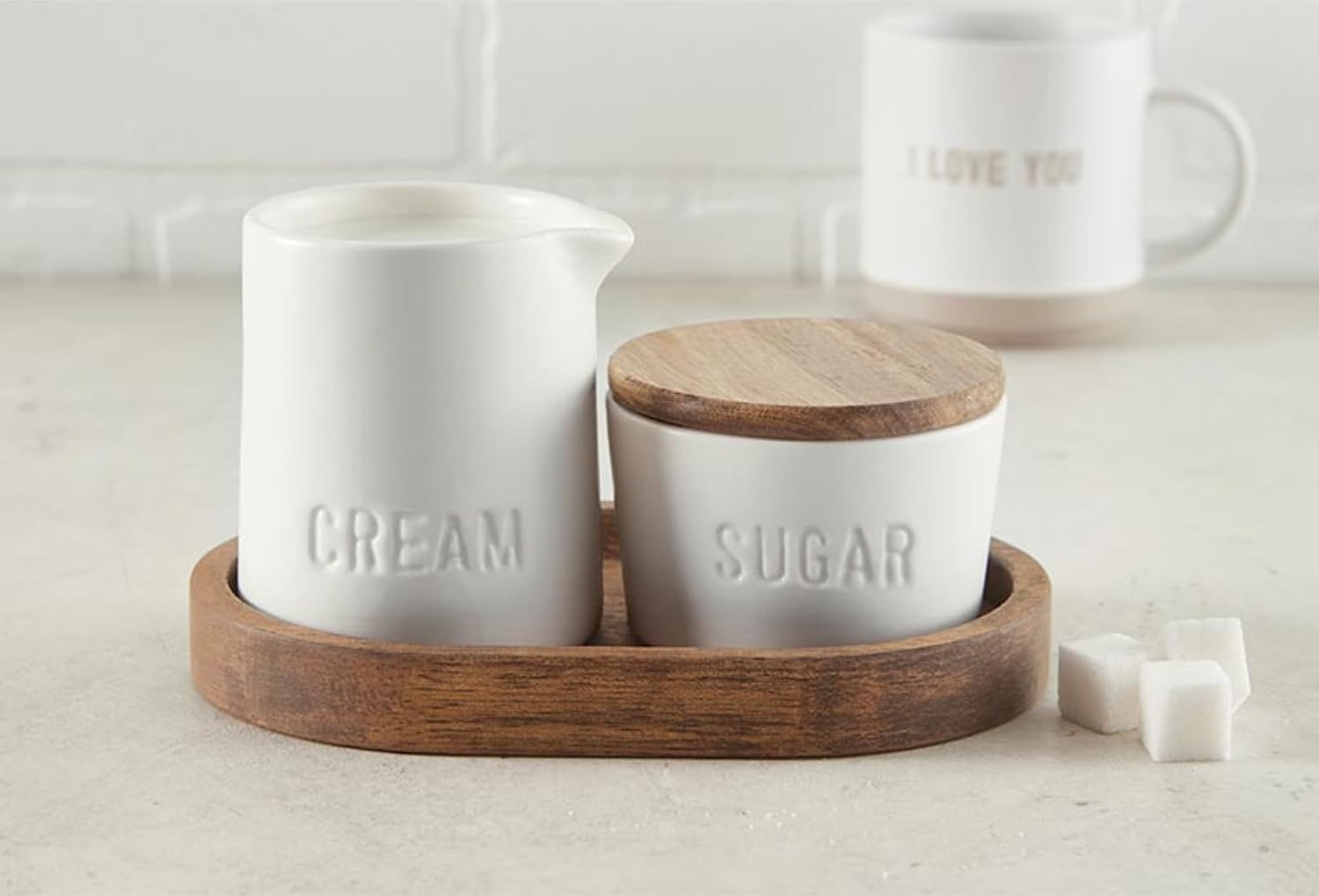 Santa Barbara Design Studio Ceramic Sugar and Creamer Set Sugar Bowl with Lid Cream Pitcher and Tray, 3-Piece, White/Acacia Wood