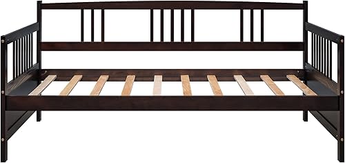 Miniatura 49 de Merax Sofá cama individual con listones de madera, soporte moderno sofá cama con rieles, tamaño individual, blanco marfil Marfil blanco,Espresso