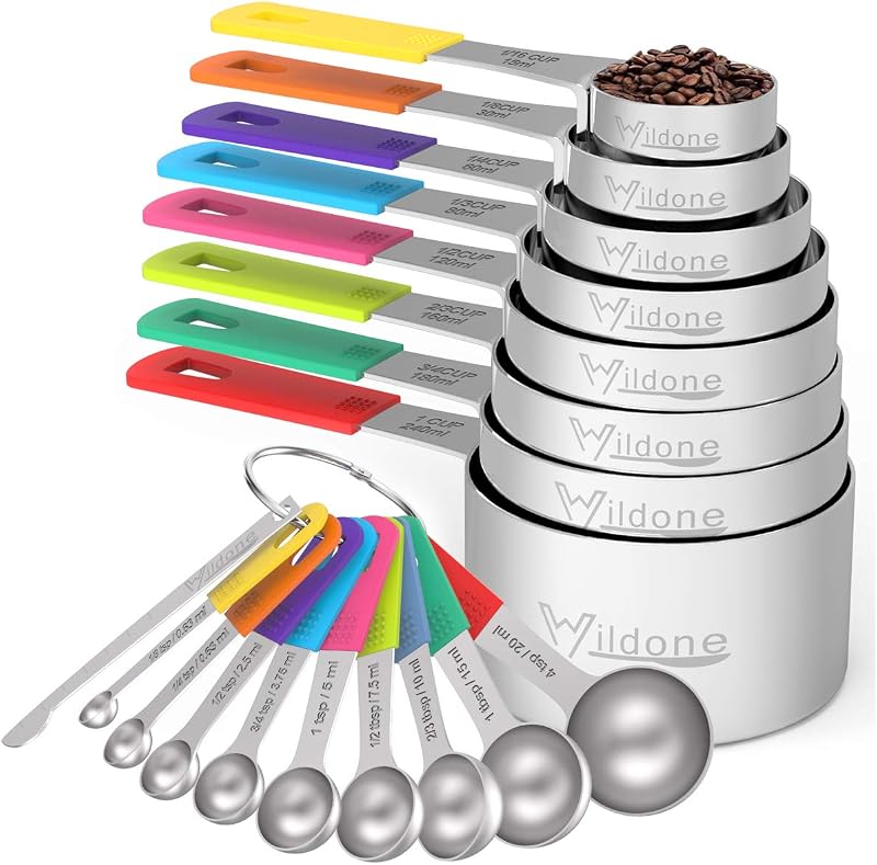 Juego de 18 tazas y cucharas medidoras Wildone: incluye 8 tazas medidoras encajables de acero inoxidable, 9 cucharas medidoras, 1 nivelador, ideal para ingredientes secos y líquidos | Aparatos de cocina de acero inoxidable para cocinar y hornear, resistentes para medir ingredientes secos/líquidos, multicolor