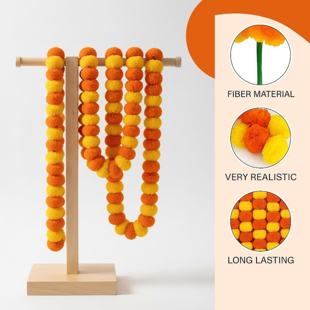 Marigold Garland 5 feet Long Strands Artificial Marigold Flowers Strings, Indian Garlands for Pooja, Wedding Christmas Decoration,Events Faux Garlands Spring Bush Floral (Orange + Yellow, 5 Pcs)