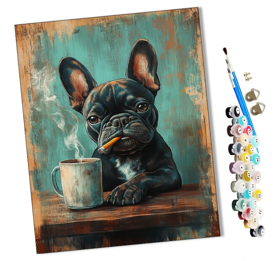 Paint by Numbers Kits for Adults French Bulldog Smoking and Drinking Tea Kits for Beginner Acrylic Oil Hand Painting Kits for Home Decor Without Frame 16X20inch-frameless