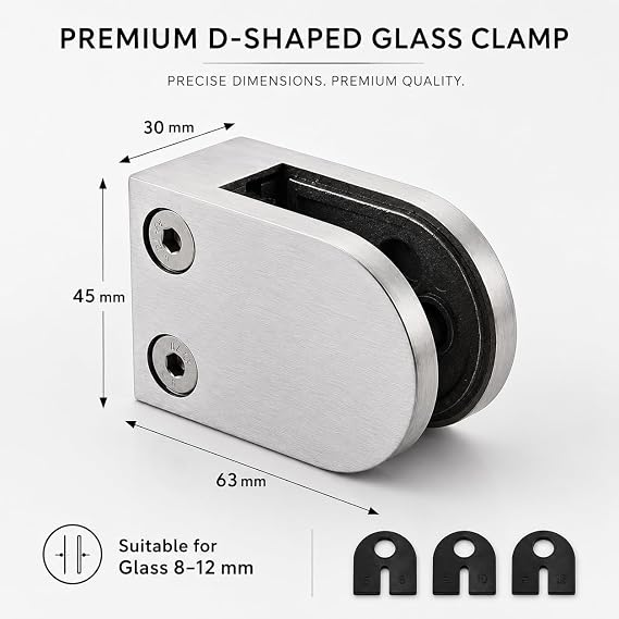 4-Pcs Round Flat-Back Glass Clamps, 304 Stainless Steel, Polished | 4-pack, round flat-back design, 304 stainless steel, polished finish, for 1/3-1/2 in tempered glass