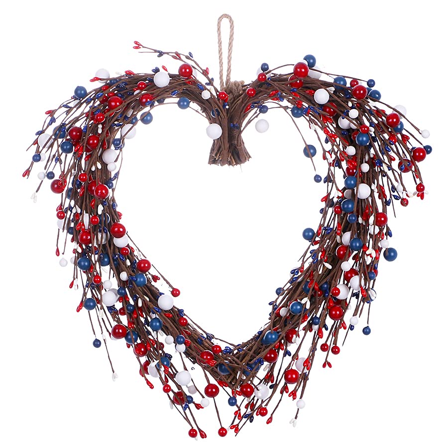 VioletEverGarden Patriotic Wreath,15inches,4th of July Wreath Heart-Shaped Berry Wreath Red White Blue Wreath for Independence Day Decor