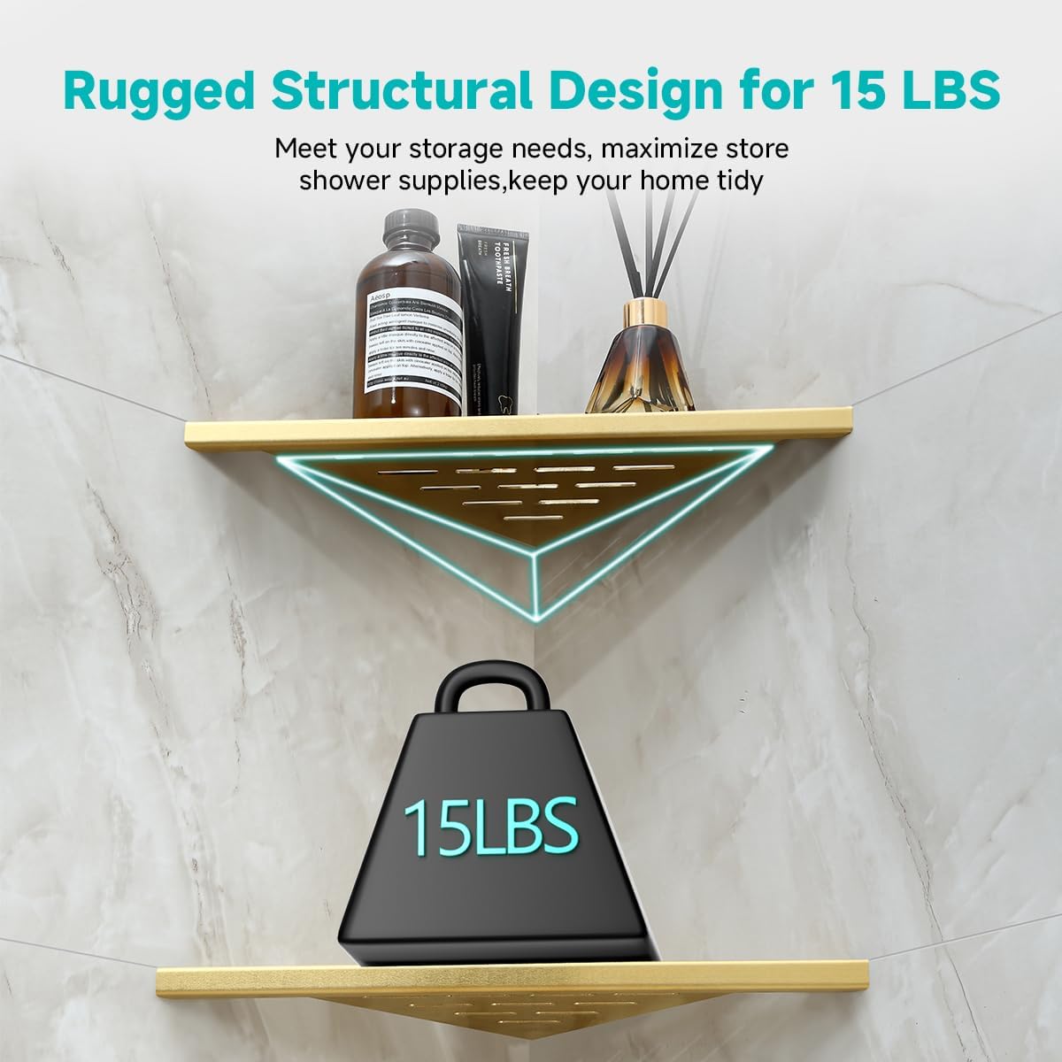 2-Pack 10" Corner Shower Shelf Golden Brushed Wall Mounted No Drilling Bathroom Shelves, Recessed Shower Caddy for Inside Shower, Stainless Steel Triangular Shower Organizer