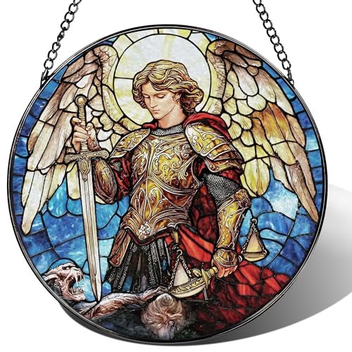 Stained Glass Suncatcher, Archangel Michael Sun Catcher Ornament; Stained Glass Window Hanging, Warrior Angel Window Decor, Spiritual Protection Decor, Christmas Ornament; Christian Religious Gifts