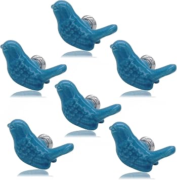 6pcs-Pack Vintage Ceramic Drawer Knobs and Pulls, Birds Art Decor Cupboard Dresser Cabinet Knobs and Handles for Kids-Room Bathroom Kitchen-Room Door Closet w/Screws Blue
