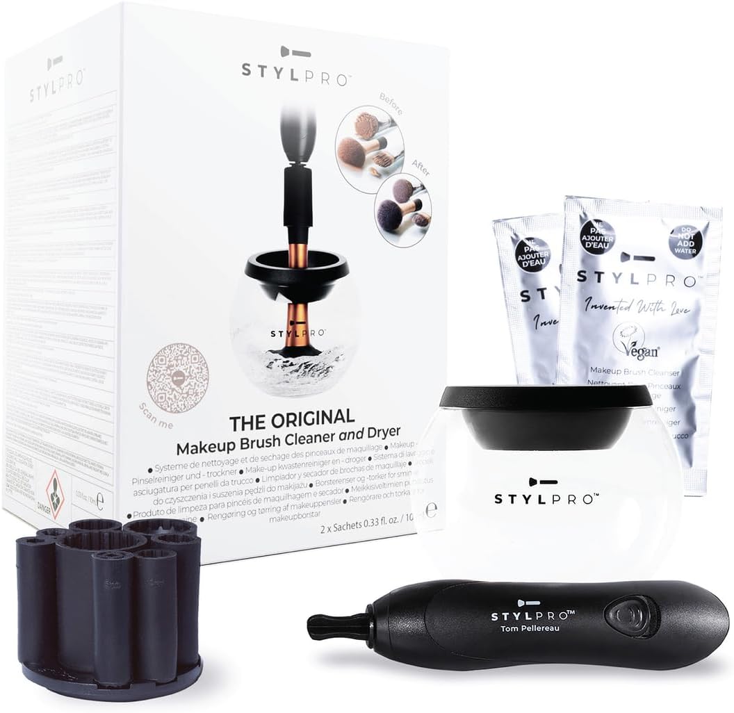 STYLPRO Makeup Brush Cleaner and Dryer Machine with 8 Brush Collars | Automatic Spinning Brush Cleaner with Heat Resistant Bowl | Premium Makeup Brush Cleaning Kit | Deeply Cleans and Dry in Seconds