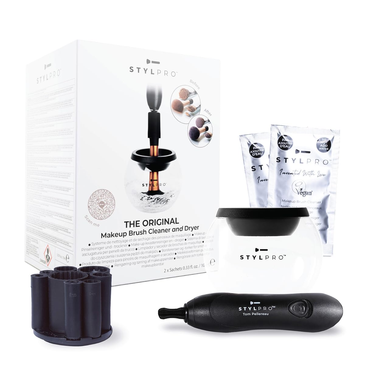 STYLPROElectric Make-up Brush Cleaner & Dryer - Cleans and dries thoroughly in 30 seconds with gentle centrifugal technology. Suitable for all brush sizes, incl. vegan cleaner.