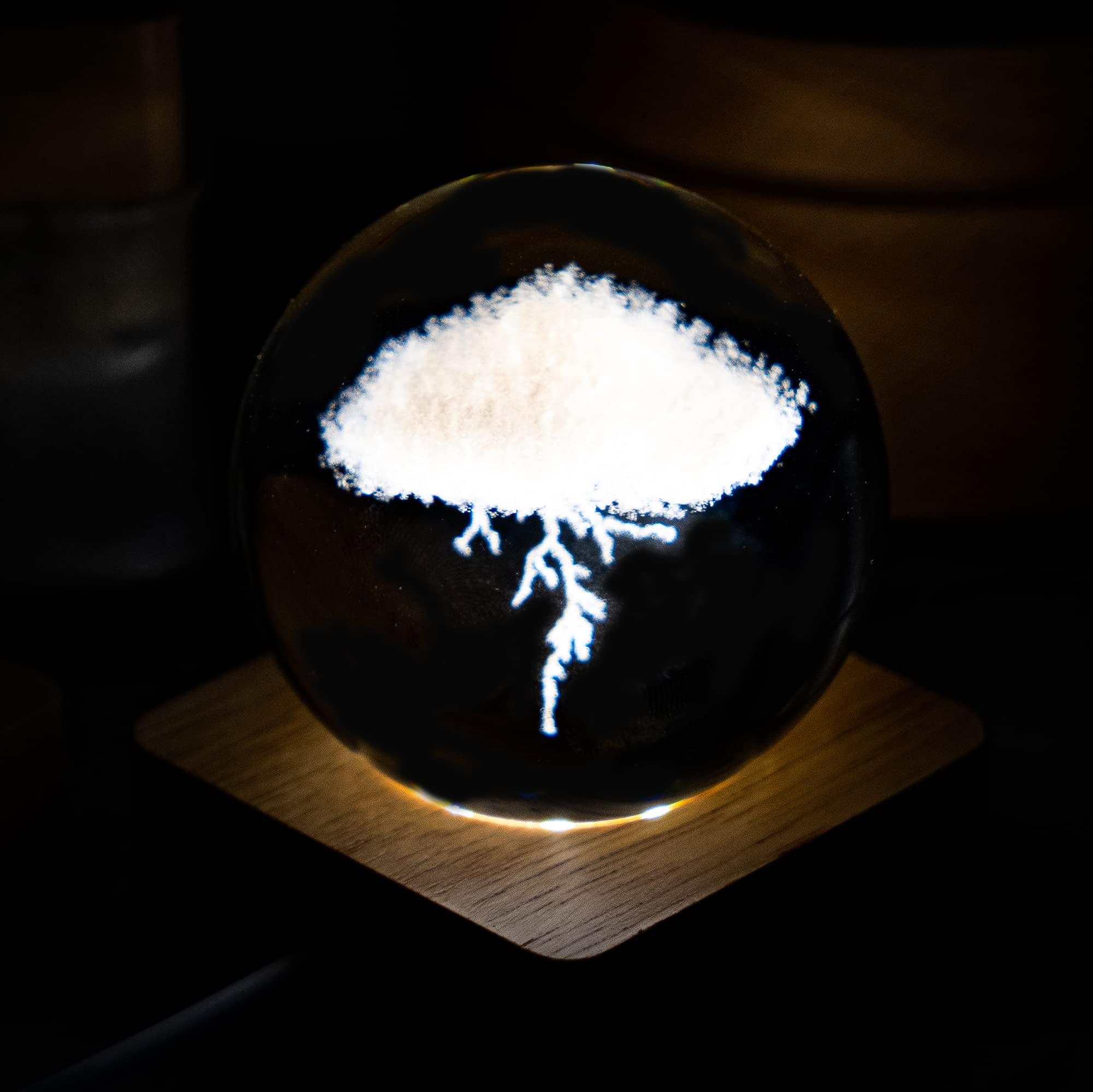 3D Lightning Crystal Cloud Ball Paperweight with Wood LED Display Clear 60mm (2.36inch) Glass Art of Figurines Engraving for Home Feng Shui Decoration Ornaments