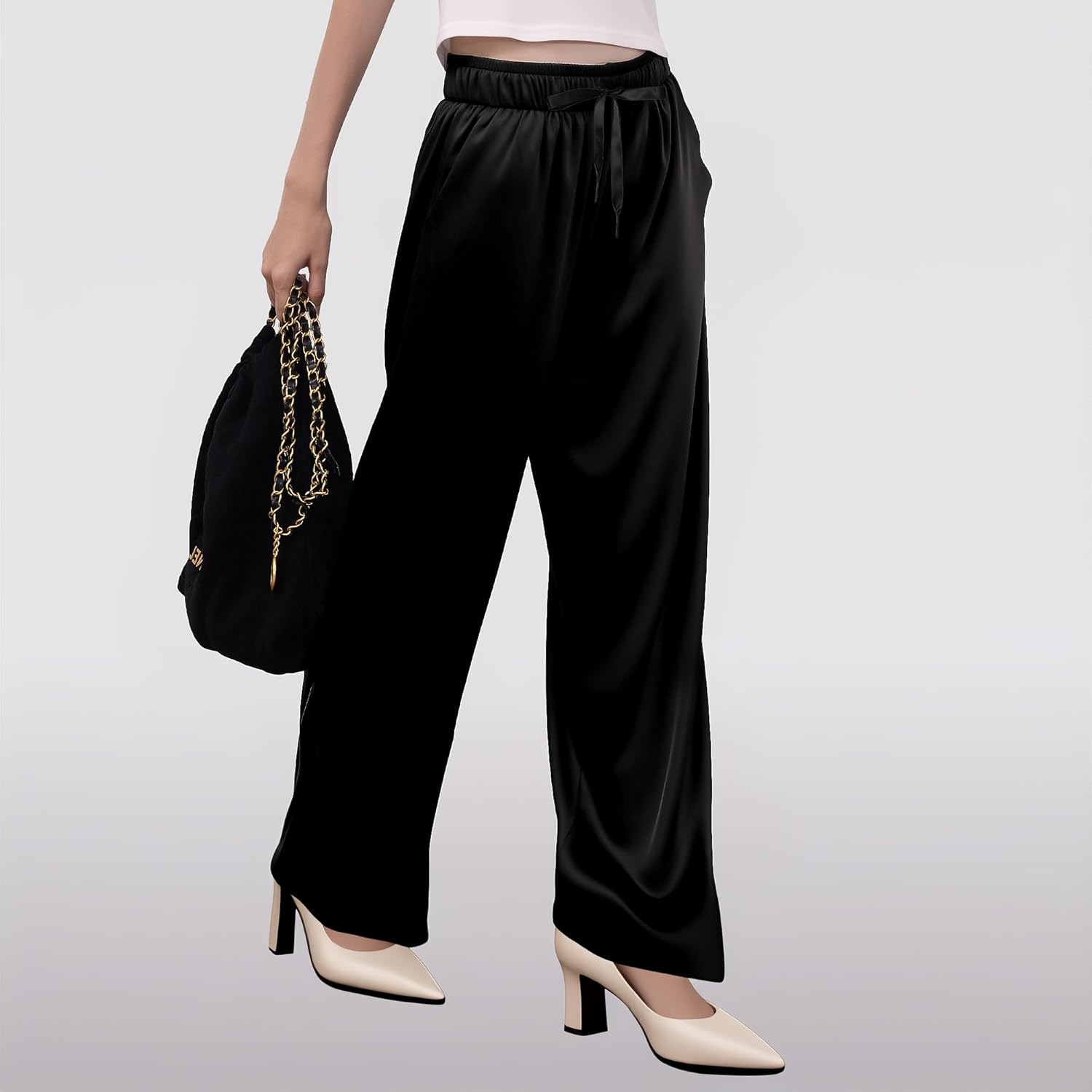 LWQ&ROSE Women's Silky Wide-Leg Pants Lightweight Satin Straight High Waist Straight Trousers with Pockets 2025 Daily Casual Outfits(US, Alpha, Medium, Regular, Regular, Black-Thin Style) - Image 3