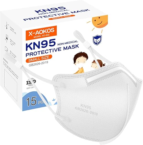 Miniatura 9 de Mascarillas protectoras KN95 para niños, paquete de 15, máscaras respiradoras desechables de 5 capas con cintas elásticas ajustables para las orejas