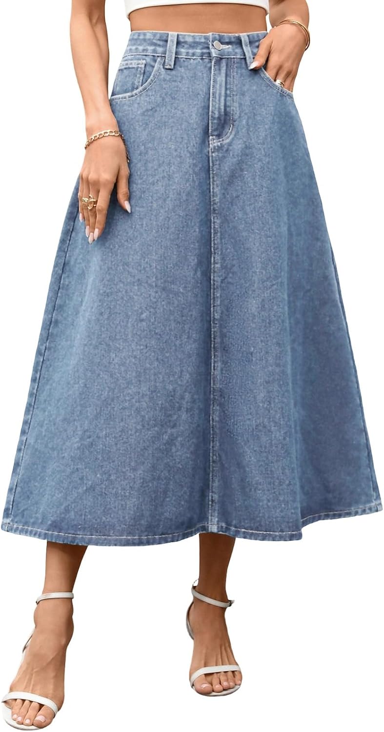 Womens A Line Long Midi Denim Skirt Button High Waist Front Loose Fit Flowy Swing Skirts Trendy Summer Skirts