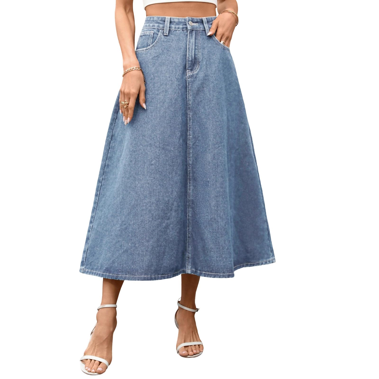 Faldas casuales de verano para mujer, falda midi de moda del Reino Unido con bolsillos, cintura elástica, faldas largas acampanadas, falda plisada de cintura alta, estilo 006