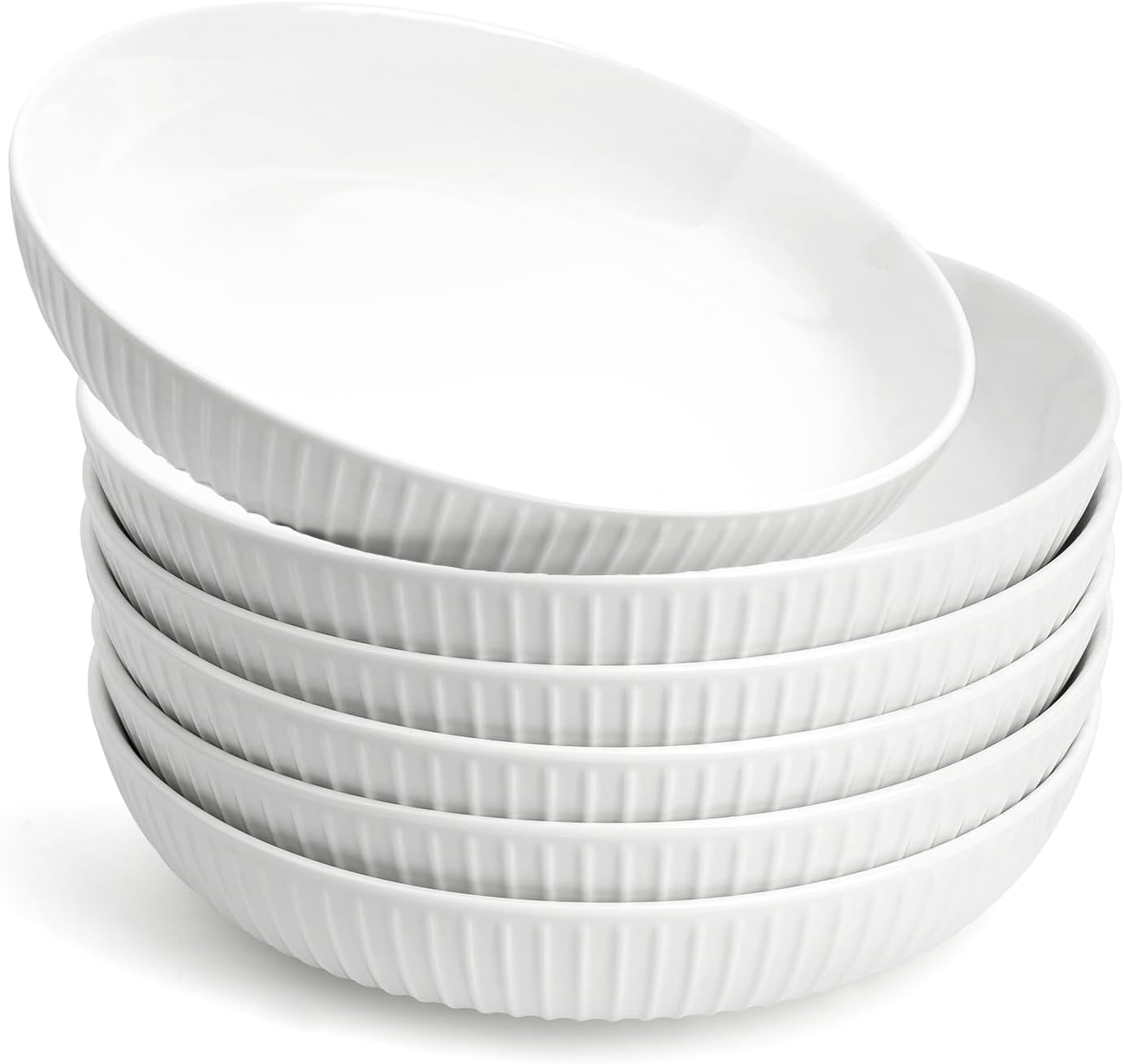 8" Large Pasta Bowls：24 oz Ceramic Bowl Plates Set of 6：Microwave Dishwasher Safe Shallow Dinner Bowls - Kitchen/Party/Home Daily Use/Restaurant - Gifts for Newlyweds/Households, 6 White