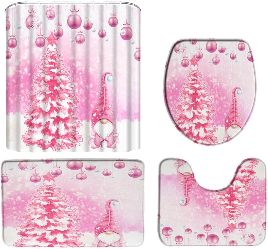 EVRCVAR 4 Pcs Shower Curtain Set Pink Christmas Bath Mat