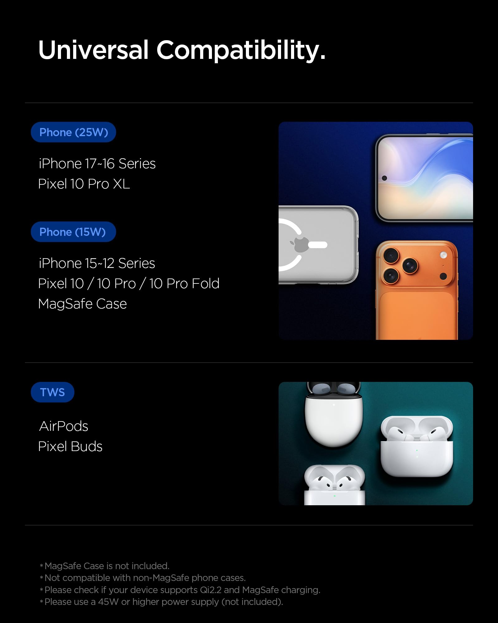 Spigen Essential Qi2.2 25W Chargeur Induction Rapide 2-en-1+C MagSafe [Câble USB-C Inclus] Station de Charge, Support pour iPhone 17e/17/16/15/14/13/12 Pro/Max, Pixel 10 Pro XL/Buds, AirPods - Noir