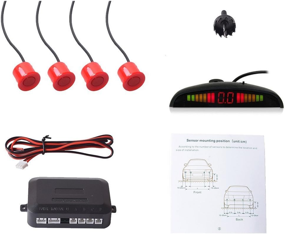 EKYLIN Car Auto Vehicle Reverse Backup Radar System with 4 Parking Sensors Distance Detection + LED Distance Display + Sound Warning (Red Color) - Amazon product rated Grade A