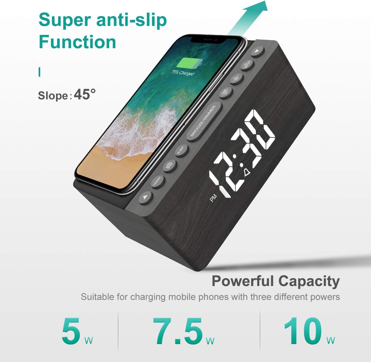 ANJANK alarm clock with a phone on top, showing anti-slip function and charging powers