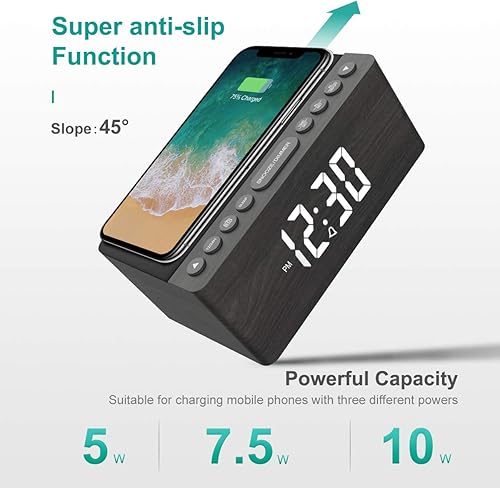 Miniatura 4 de ANJANK - Reloj despertador digital de madera con radio FM, estación de carga inalámbrica rápida de 10W para iPhoneSamsung Galaxy, regulador de