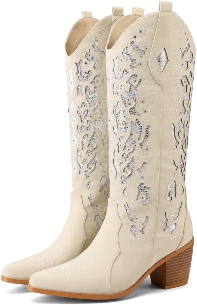 Womens Cowgirl Boots Sparkly Rhinestone Chunky Heel Pointed Toe Knee High Western Cowboy Boots for Women