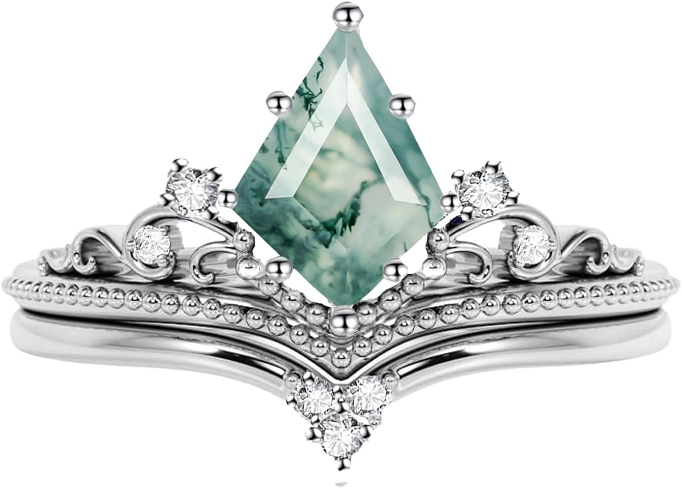 Moss Agate Wedding Ring Set S925 Sterling Silver 10K/14K/18K Gold Personalized Unique Engagement Moss Agate Ring Set for Women Wife(White/Black)