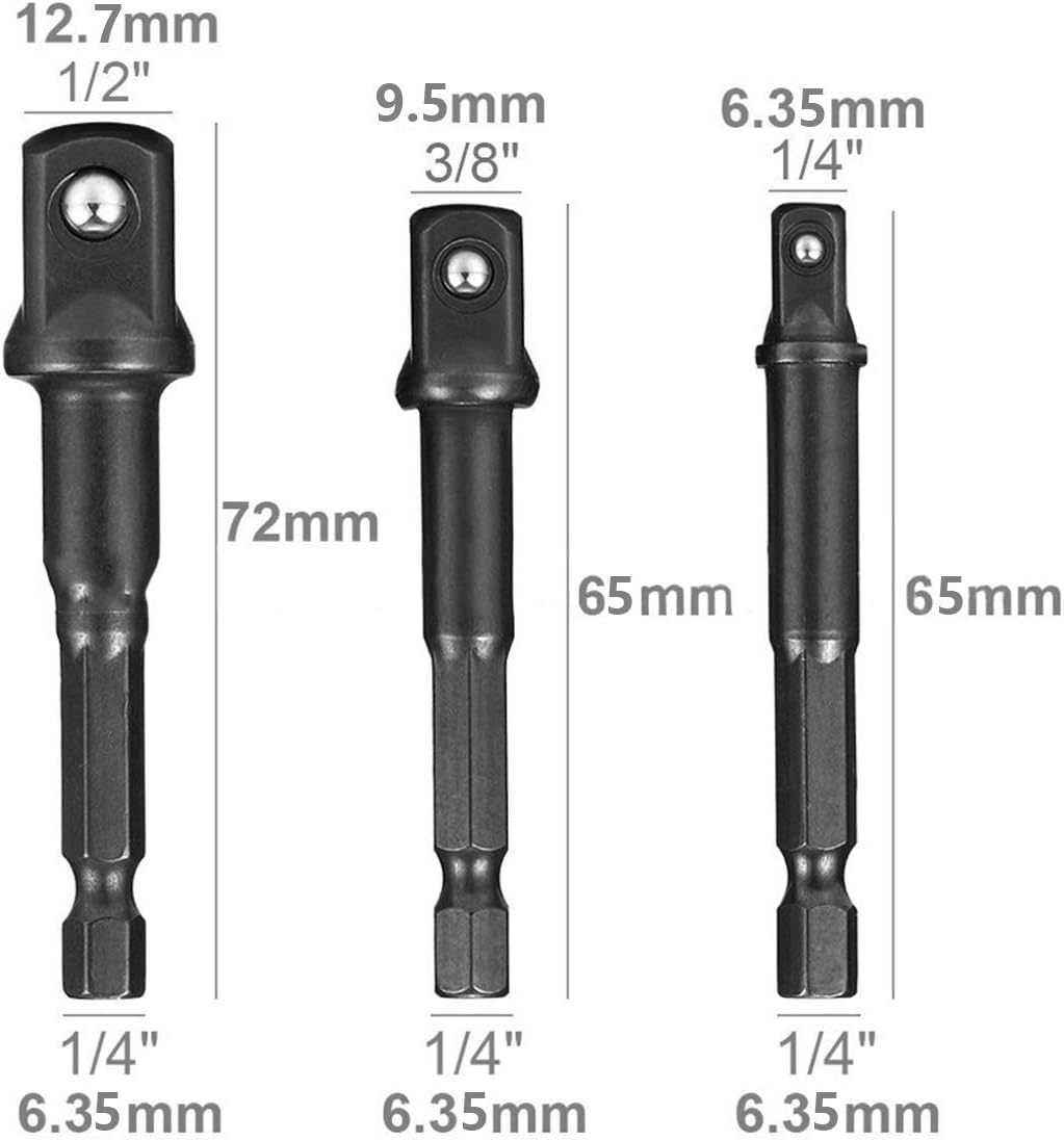 7 Pieces Socket Adapter Set Includes 3 Pieces 1/4" Hex Shank Impact Socket Adapter Extension Bar (1/4", 3/8" and 1/2") and 4 Pieces Impact Socket Adapter and Reducer Set