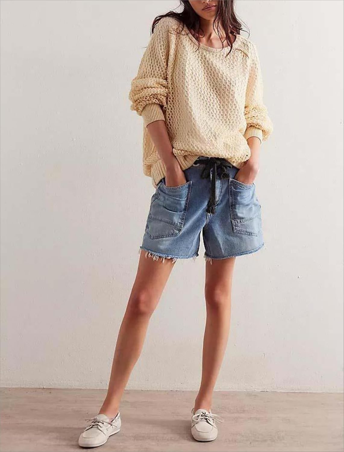 Women Y2k Baggy Bermuda Denim Shorts Drawstring Wide Leg Straight Long Jeans Shorts Vintage Knee Length Denim Jorts
