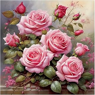 FHBUBPUP Pink Rose Diamond Painting Kits for Adults, Pink Rose Diamond Art Kits, Full Drill Round Gem Art, DIY Flower Paint with Diamond Kits Beads Crafts for Home Wall Decoration Gifts 12x12 inch