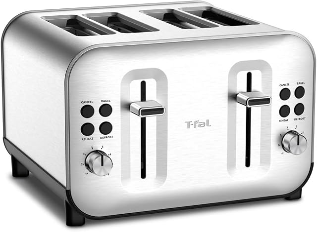 T-Fal Element Acier inoxydable 4 Grille-pain, pains grillés, snacks bagels, réchauffer, 8 les leviers de brunissement, SILVER