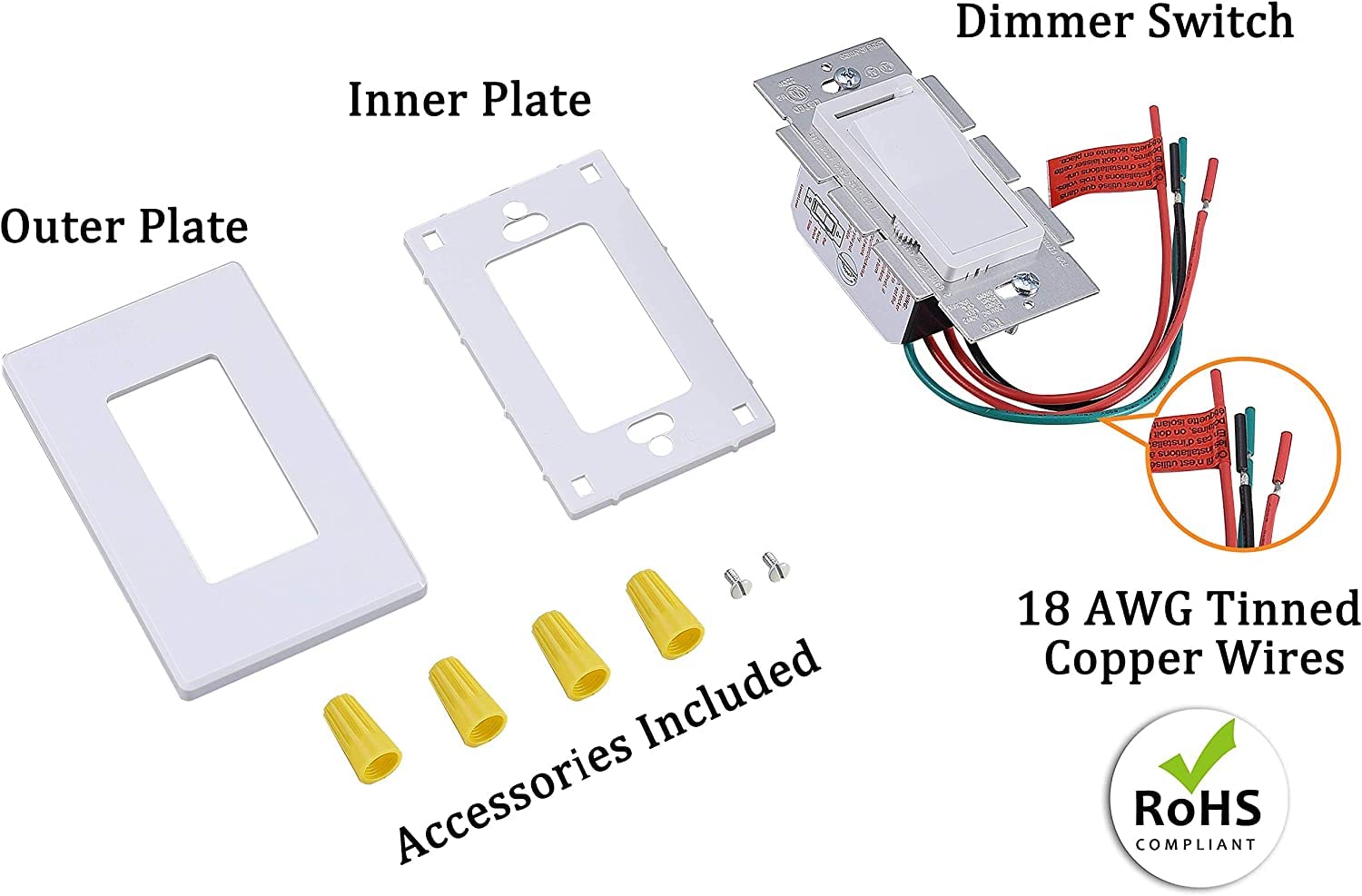 Components included with the dimmer switch: dimmer, inner plate, outer plate, wire nuts, and screws.