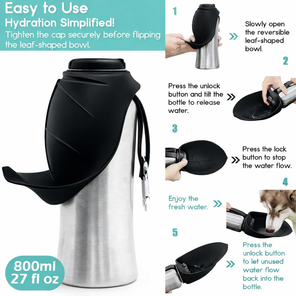 Hundetrinkflasche für unterwegs, 800ml Edelstahl Trinkflasche Hund, Tragbare Haustier Wasserflasche, Hunde Wasserspender Reise Zubehör für Wandern und Campen (Schwarz)