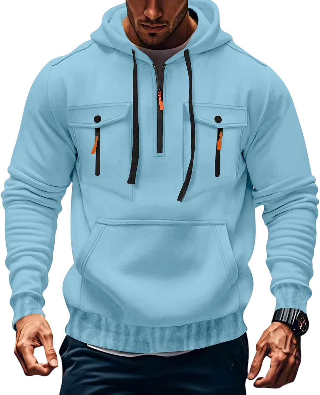 Men's Cargo Quarter-Zip Hoodies Sweatshirts Tactical Hooded Pullover With Pockets Outdoor Jackets, S-5XL