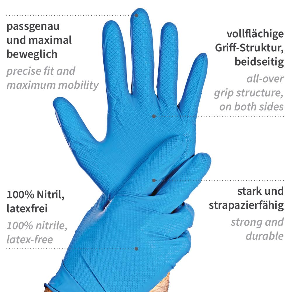 FRANZ MENSCH 100 Stück Nitrilhandschuhe Power Grip Light | puderfrei, Packung, blau, 10/XL, L: 24cm, Schutzhandschuhe, Gastronomiehandschuhe, Industriehandschuhe, Montagehandschuhe