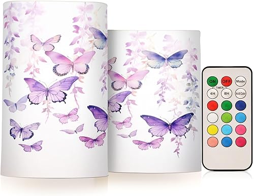 Vista 323 de Velas parpadeantes sin llama, velas LED moradas de mariposa lavanda con temporizador remoto, juego de 2 velas a pilas para San Valentín, boda