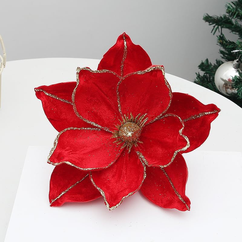 6 Pcs Glitter Christmas Magnolia Flower Tree Ornament Artificial Poinsettia Flowers 8.66inch Magnolia Flowers with Stem for Christmas Tree Xmas DIY Wreath Holiday Wedding Decor (Red)