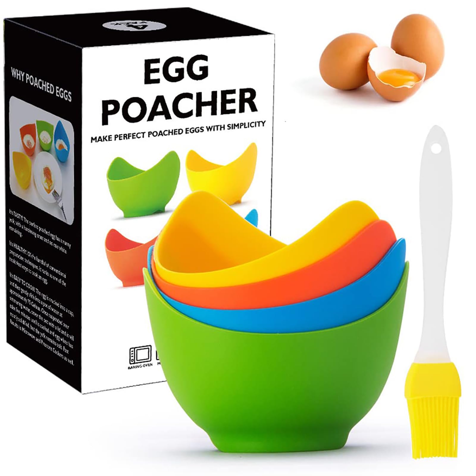 4 Pcs Silicone Egg Poacher Cups, Poached Egg Cooker with Ring Standers for Microwave or Stovetop Egg Cooker with Extra Oil Brush
