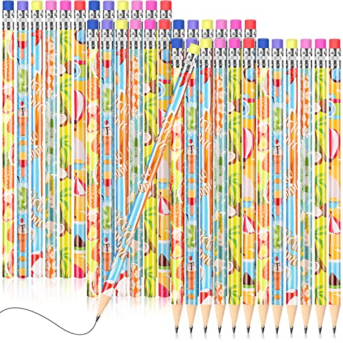 Fainne 36 Pieces Beach Themed Pencils Cool Pencil for Kids Summer Pencils Bulk Assorted Colorful Pencils with Eraser Fun Wooden Pencils for Student Reward School Classroom Office Supply, 6 Style