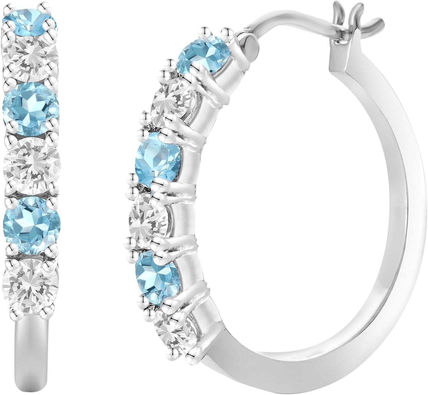 Gemstone and Lab-Created White Sapphire Hoop Earrings, Alternating Stones, Birthstone Jewelry, Sterling Silver (3mm Stone)