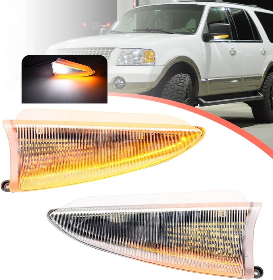 Sequential LED Amber & White Side Mirrors Turn Signal Lights Left and Right Lamp for Ford Expedition Lincoln Navigator 2003 2004 2005 2006 Dynamic Exterior Mirror Flow Indicator Clear Lens Set of 2