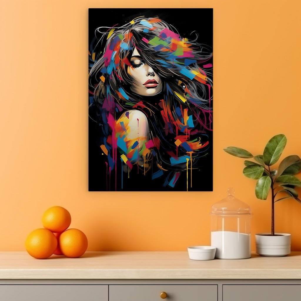 Canvas for Living room. A Symphony of Colors in Portraiture - The Serene Woman with a Kaleidoscopic Aura, 27 x 18 inch Canvas Wall Art - Contemporary Masterpieces - Modern Home Decor
