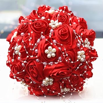 Sharebeauty 7.1 Handmade Satin Rose Bridal Bouquet Toss Round Wedding Bouquet Throw Toss Artificial Flower Bunch Red