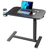 HUANUO Bedside Table with Wheels, Height-Adjustable Rolling Computer Cart, Overbed Table with Cup Holder, Pneumatic Laptop Standing Desk for Home Office, Black (31.5" x 17.7")