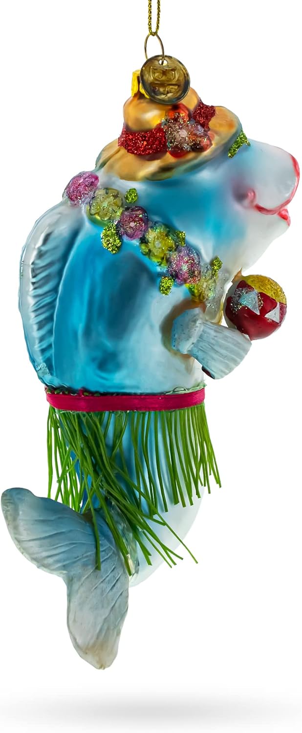 Festive Hawaiian Shark with Maracas Glass Christmas Ornament - Image 2