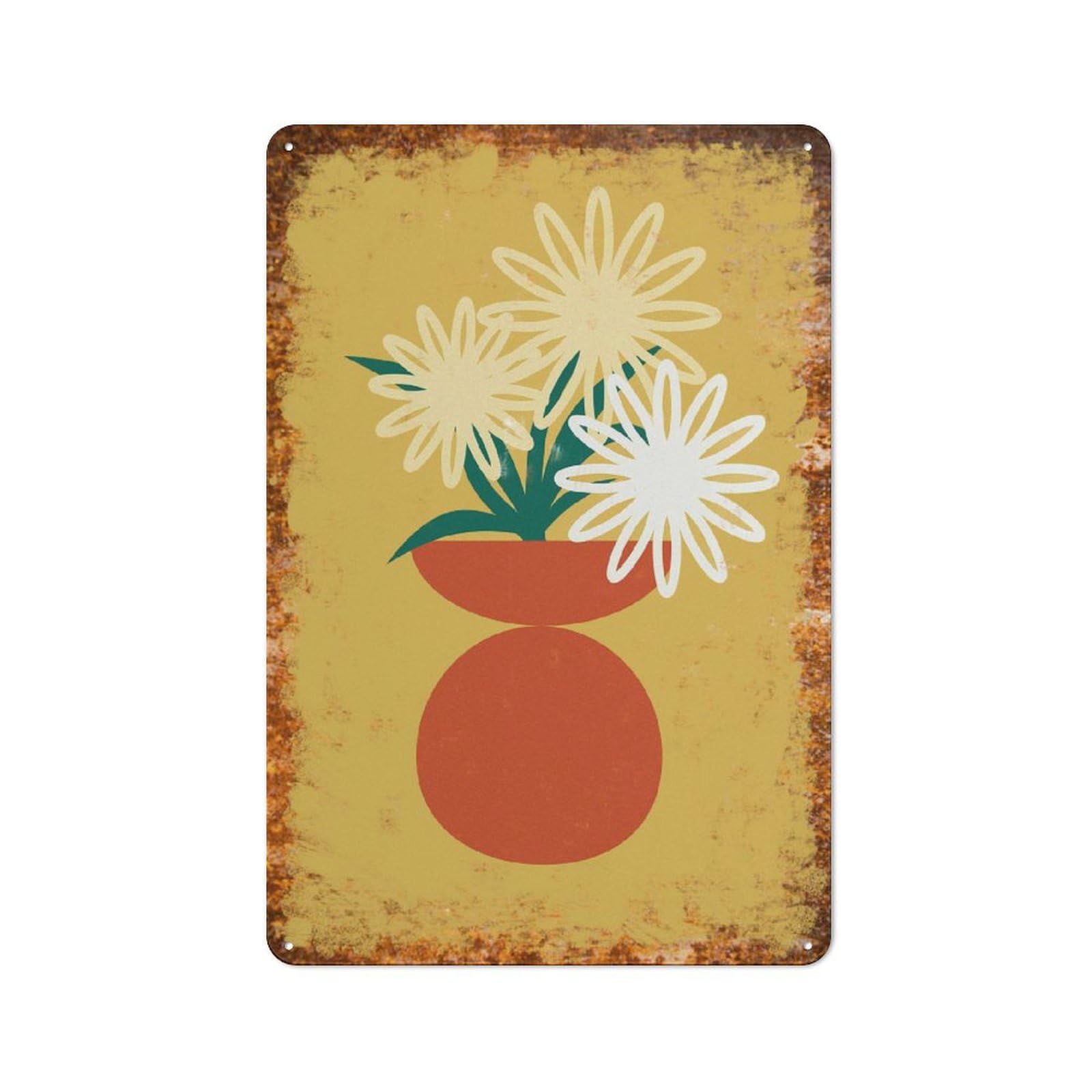 Metal Tin Sign Daisy In Orange Vase Pattern Vintage Rustic Wall Art Decor Kitchen Bathroom Bedroom Living Room Cafe Farmhouse Entryway Office Garage Home Bar Laundry Room Porch Patio 12x16 Inch