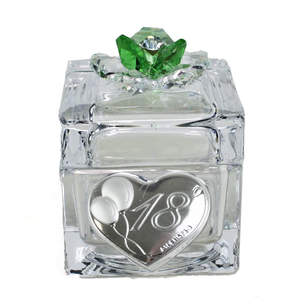 DLM 34456-verde (Kit 12 Pezzi) Scatola Scatolina Porta Confetti in Vetro con Fiore colorato in Cristallo e Cuore Festa 18 Anni Diciottesimo Compleanno Confettata_Verde bomboniera